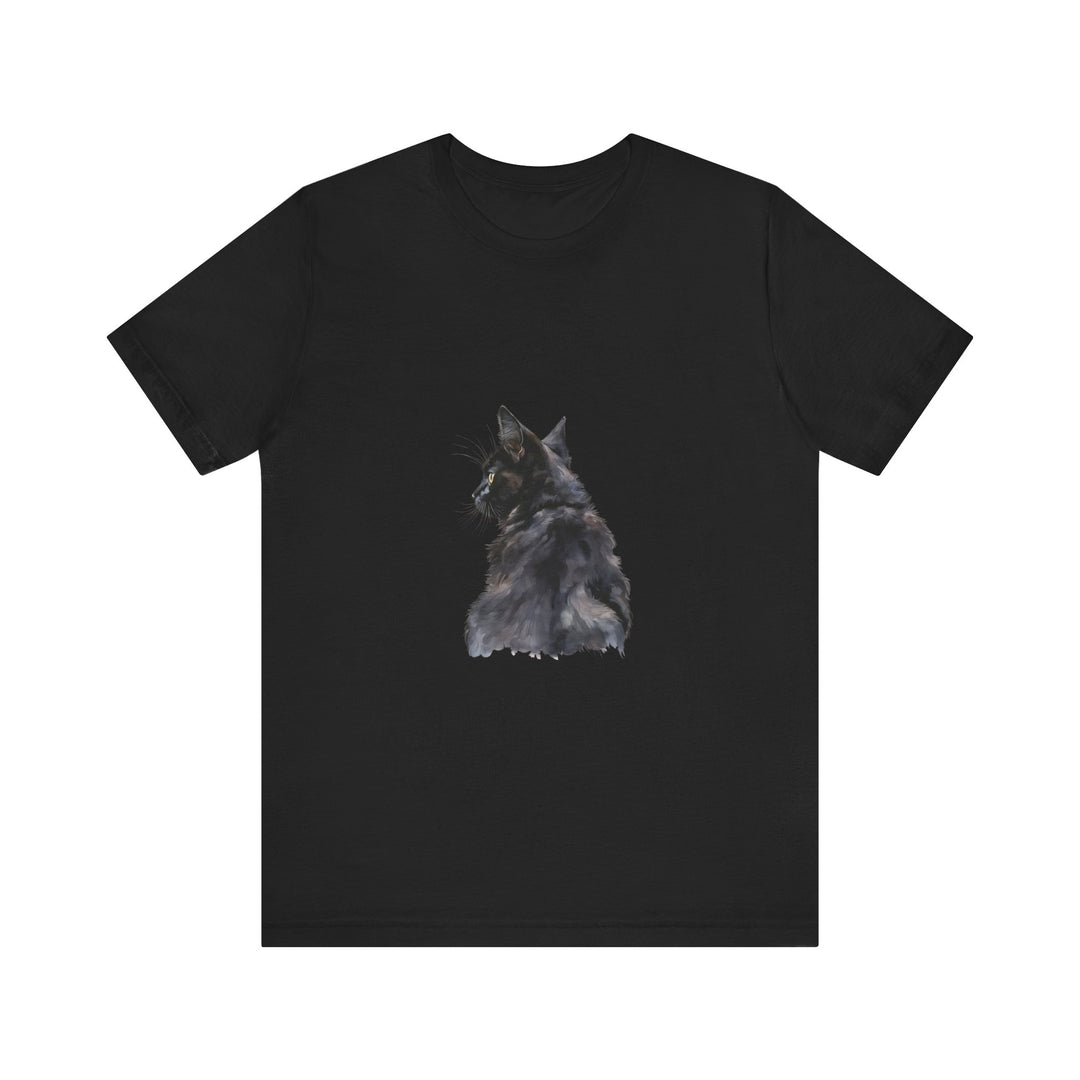 An artistic watercolor illustration of a mysterious black cat tee