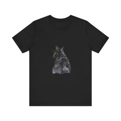 An artistic watercolor illustration of a mysterious black cat tee