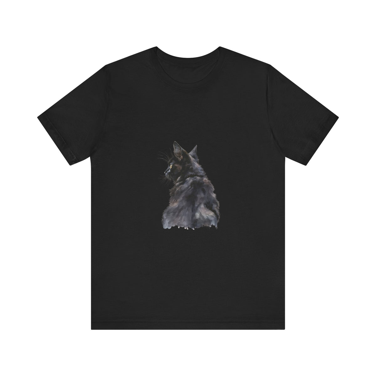 An artistic watercolor illustration of a mysterious black cat tee