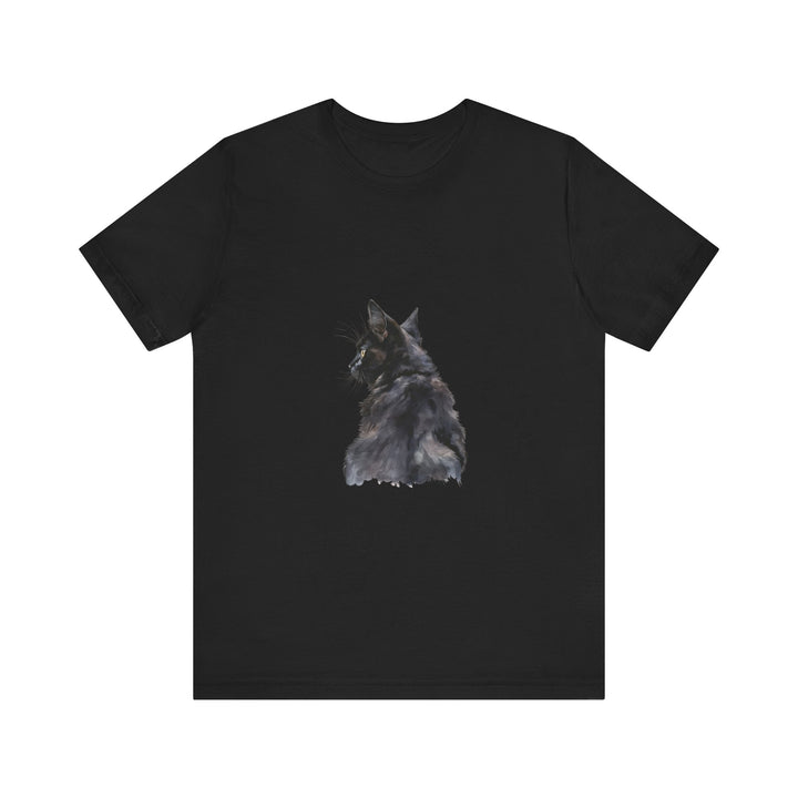 An artistic watercolor illustration of a mysterious black cat tee