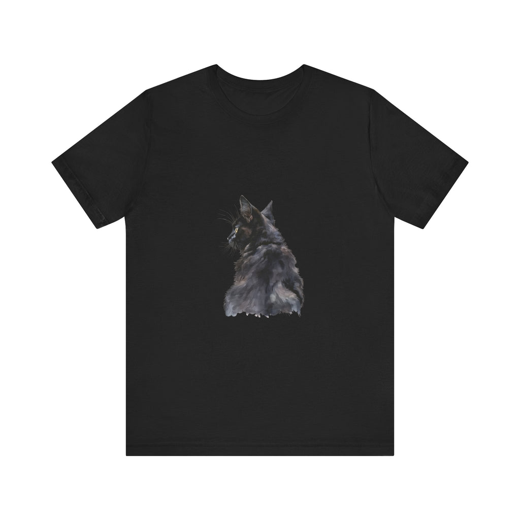 An artistic watercolor illustration of a mysterious black cat tee