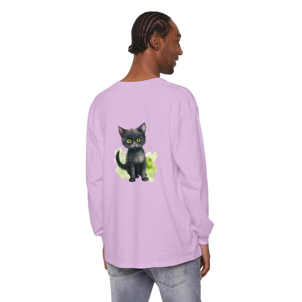 Black cat watercolor long sleeve t-shirt featuring a realistic feline design