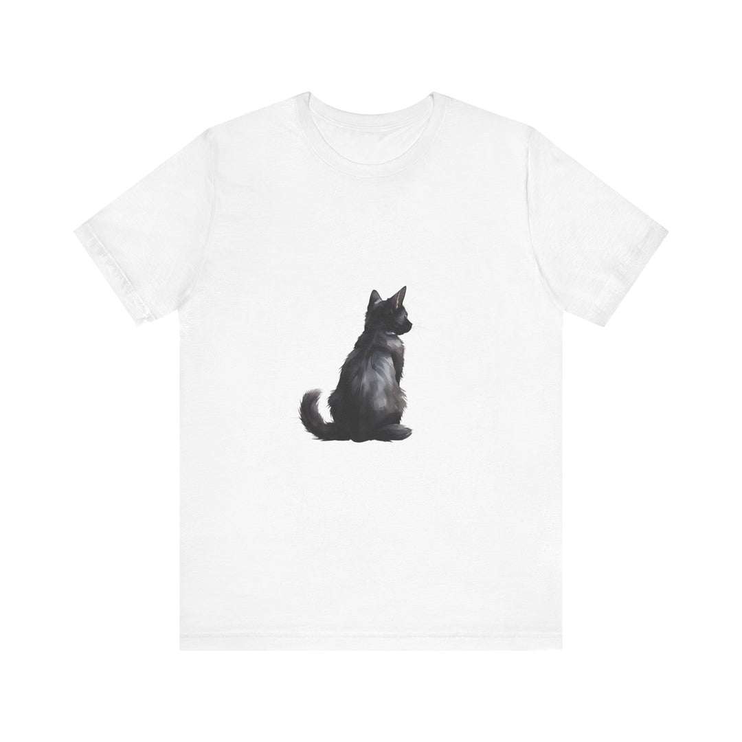 A black cat with glowing green eyes standing in front of a full moon, printed on a soft and comfortable black t-shirt