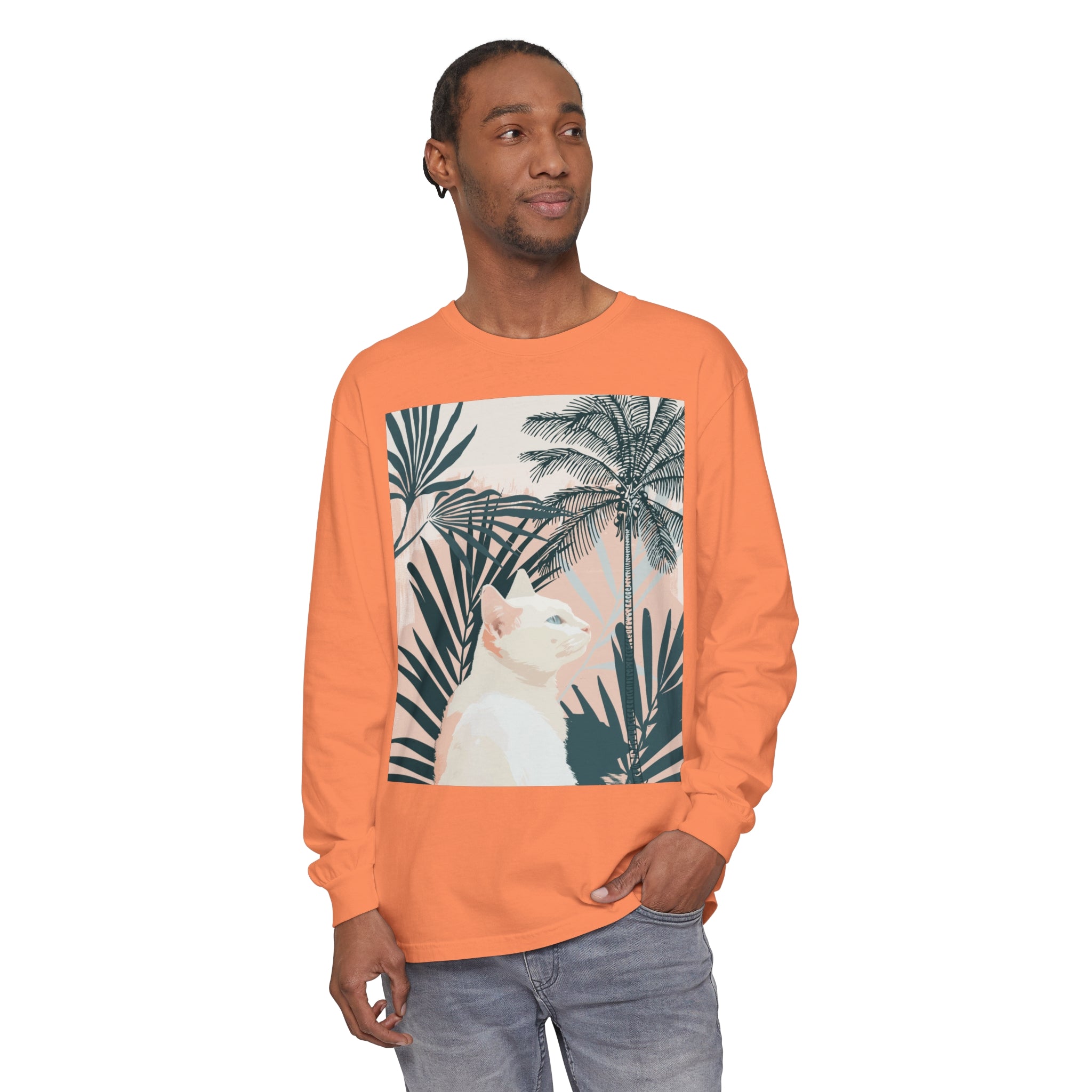 White Cat Tropical Mandala Long Sleeve T-Shirt featuring a vibrant and intricate design perfect for a relaxed and stylish look