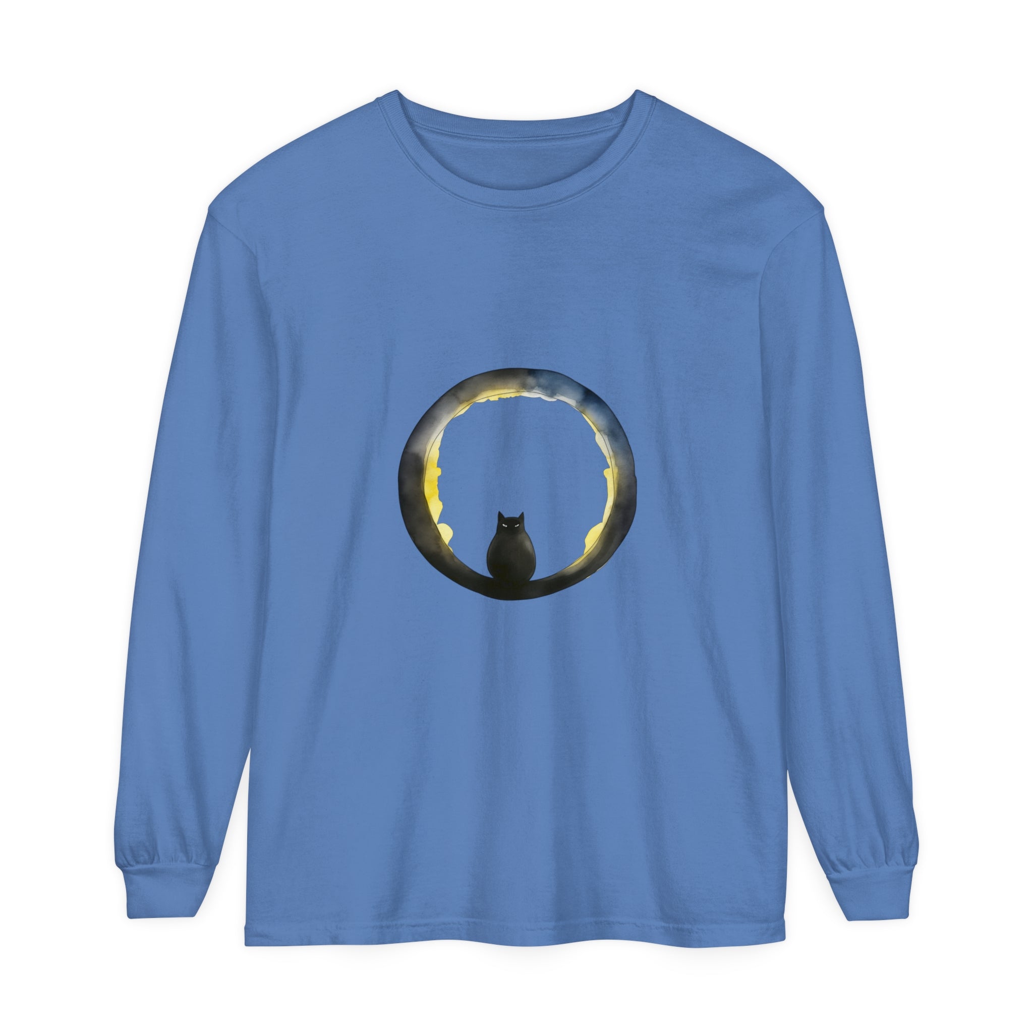 A spooky black cat sits in front of a crescent moon on a Halloween-themed t-shirt