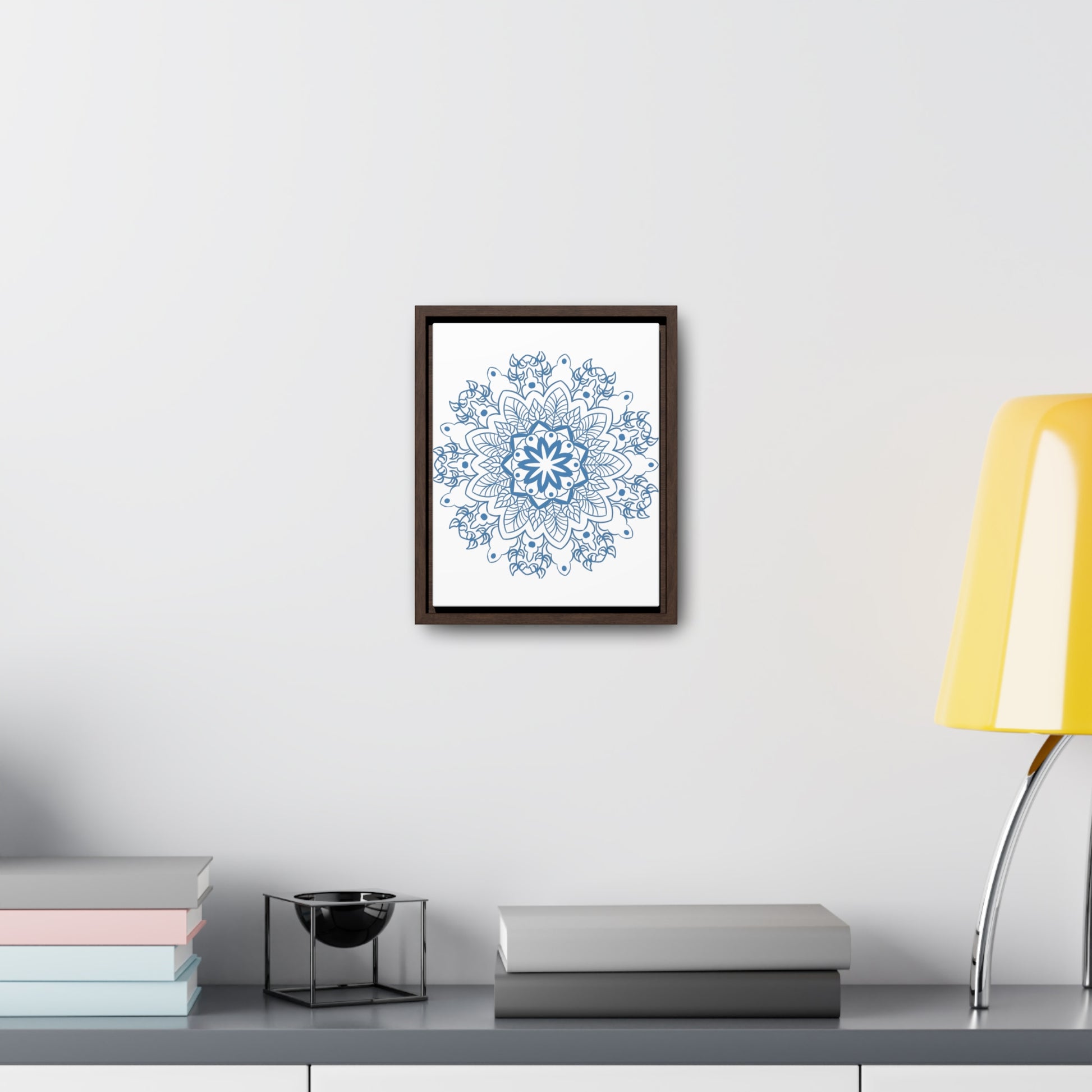 Handmade steel blue mandala design wall art on gallery canvas wraps, displayed in a vertical frame