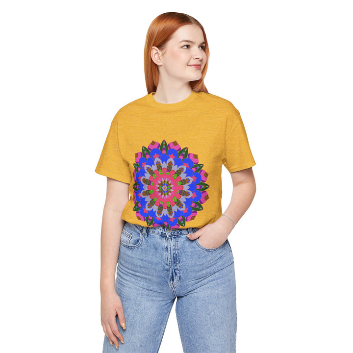 Vibrant and intricate mandala design on a geometric t-shirt in various colors