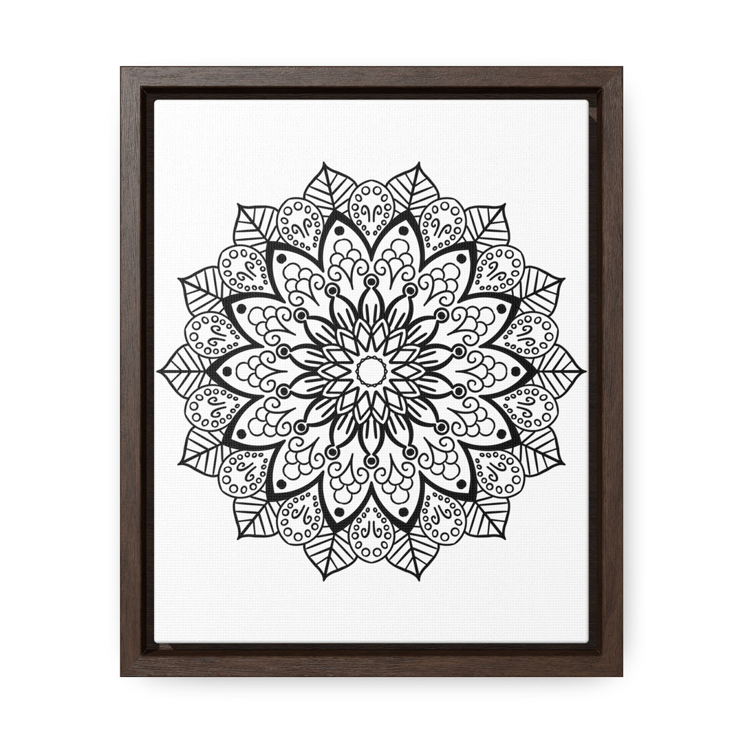 Beautifully intricate mandala handcrafted black and white wall art on gallery canvas wraps, displayed in a vertical frame