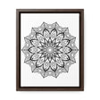 Beautifully intricate mandala handcrafted black and white wall art on gallery canvas wraps, displayed in a vertical frame