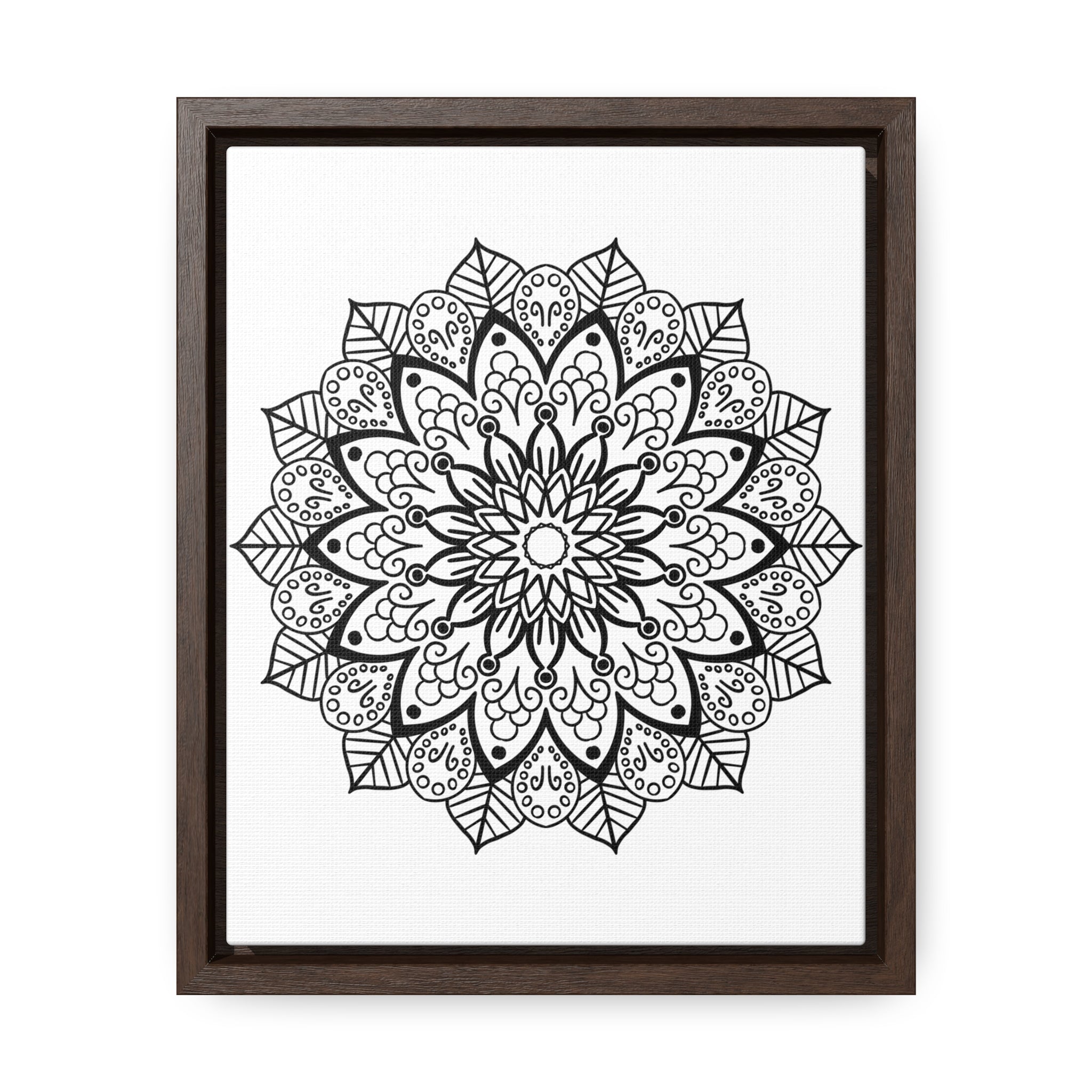 Beautifully intricate mandala handcrafted black and white wall art on gallery canvas wraps, displayed in a vertical frame