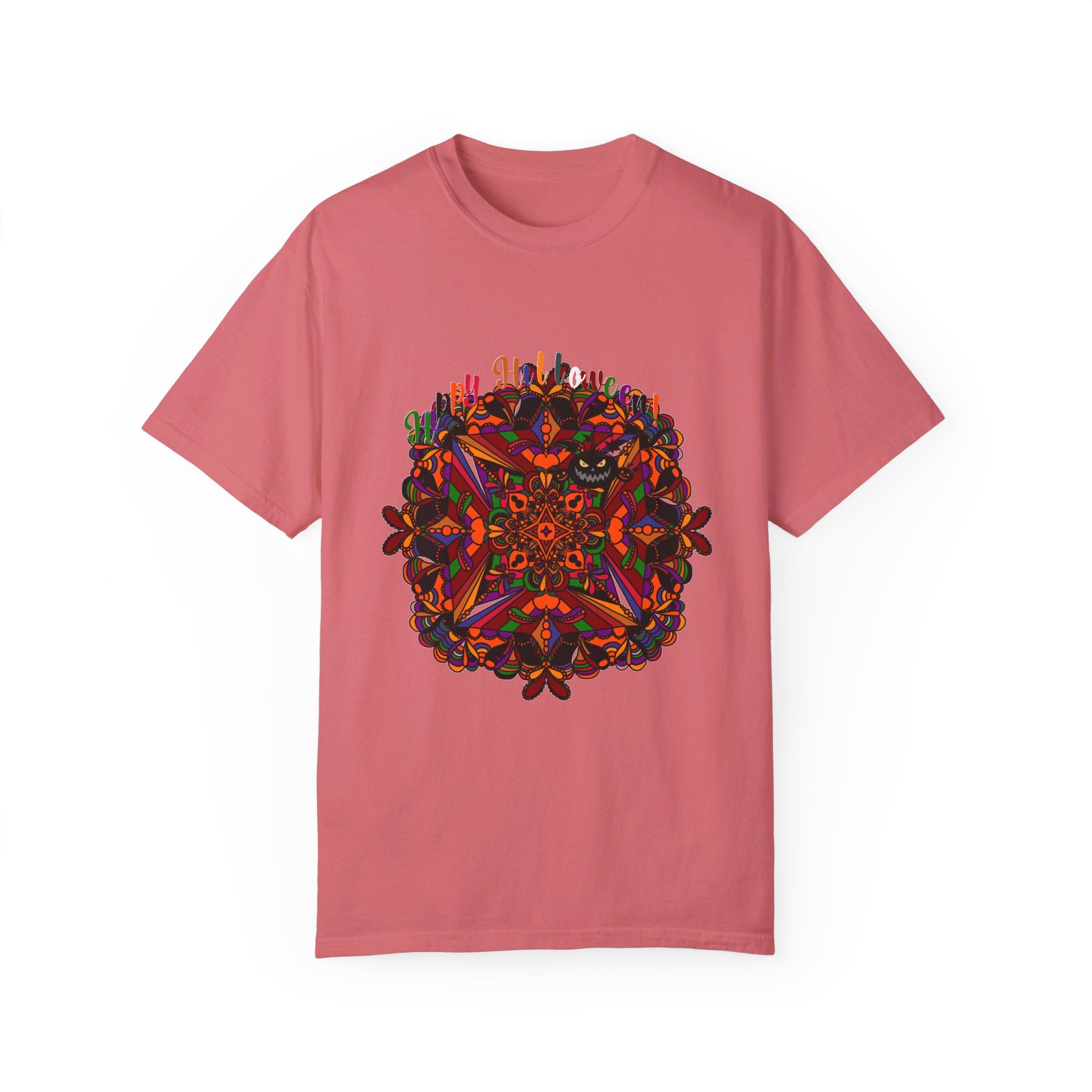 A Halloween-themed unisex T-shirt with a handmade pumpkin mandala design