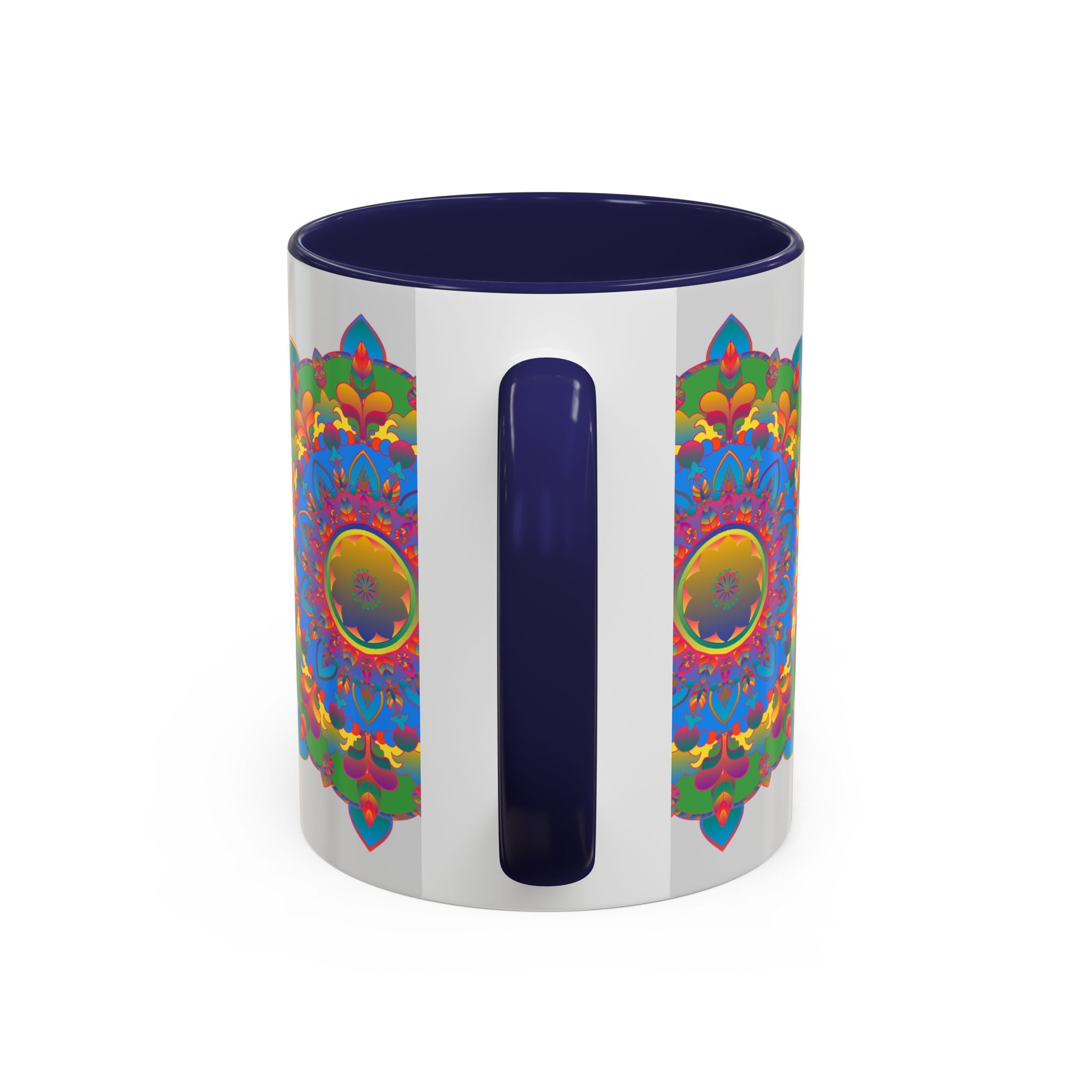 Vibrant and detailed mandala flower artwork on grey mug