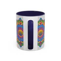 Vibrant and detailed mandala flower artwork on grey mug