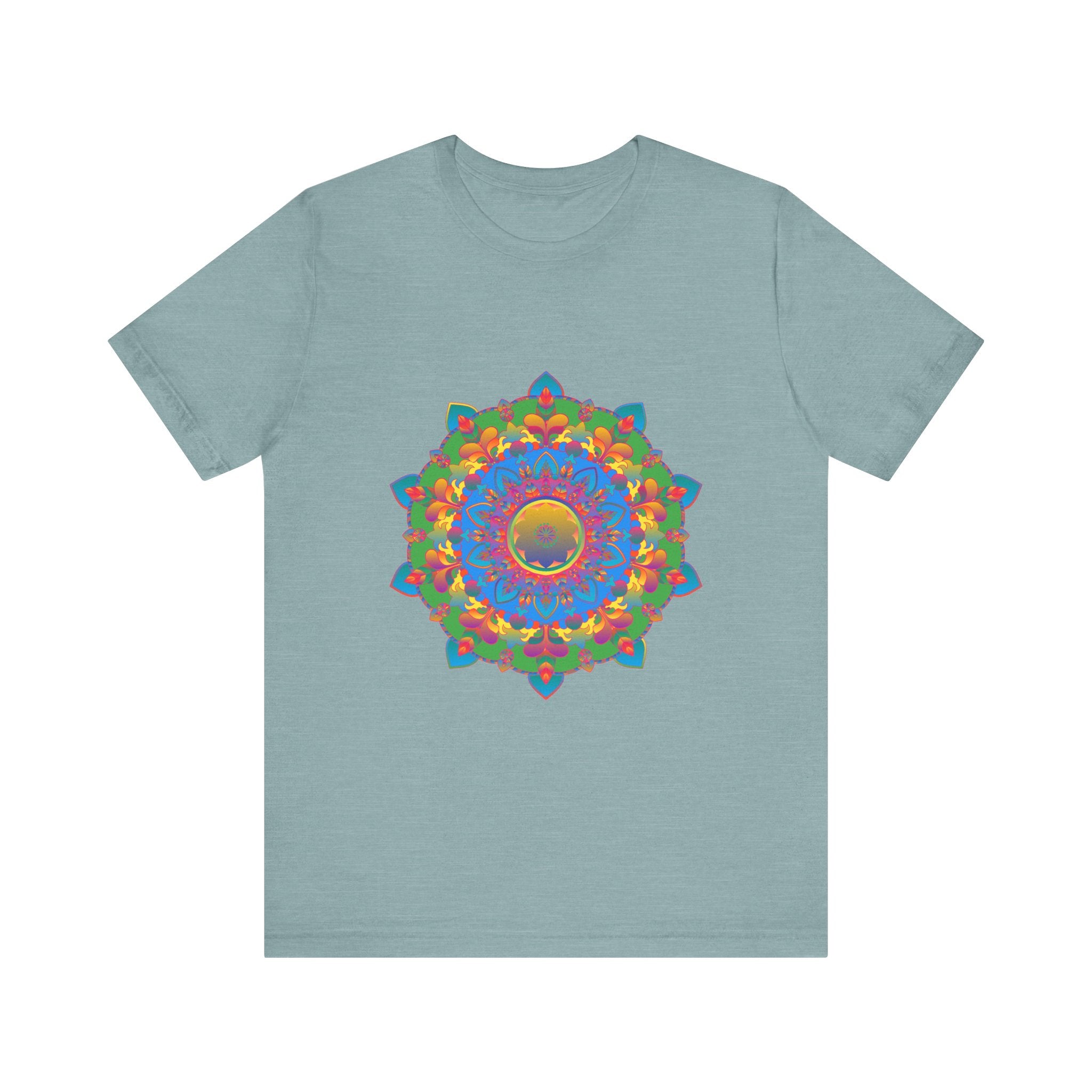 A vibrant and intricately designed mandala t-shirt in multiple colors