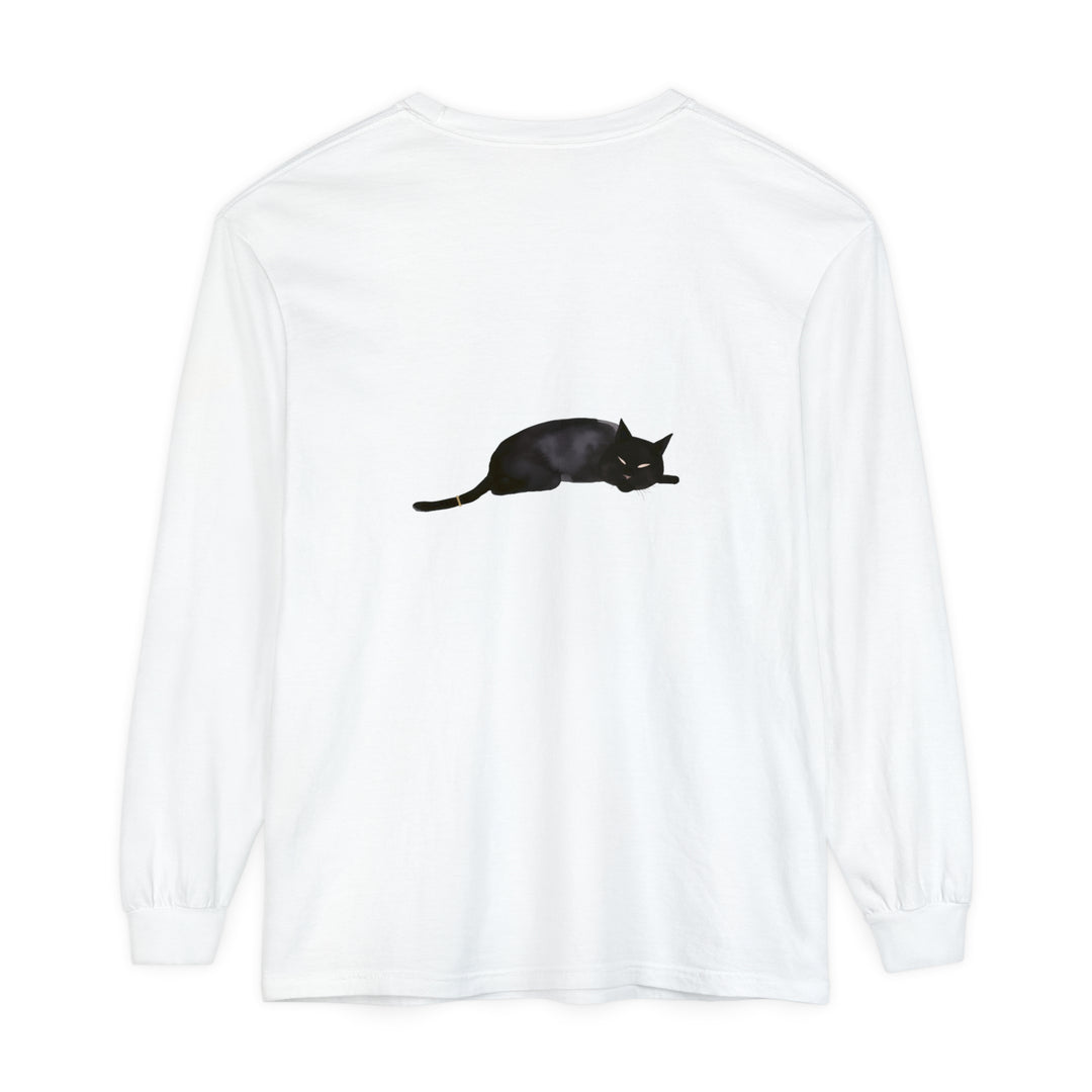 Black cat sleeping peacefully on a comfortable unisex long sleeve t-shirt