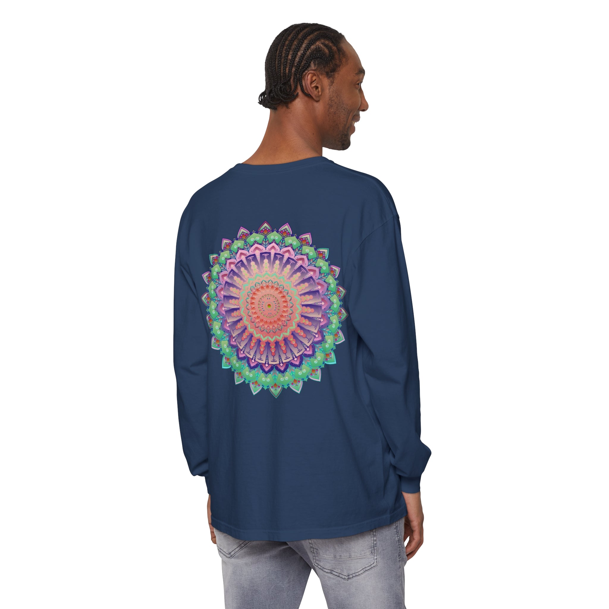 Vibrant Mandala Long Sleeve T-Shirt with colorful and intricate design for men and women