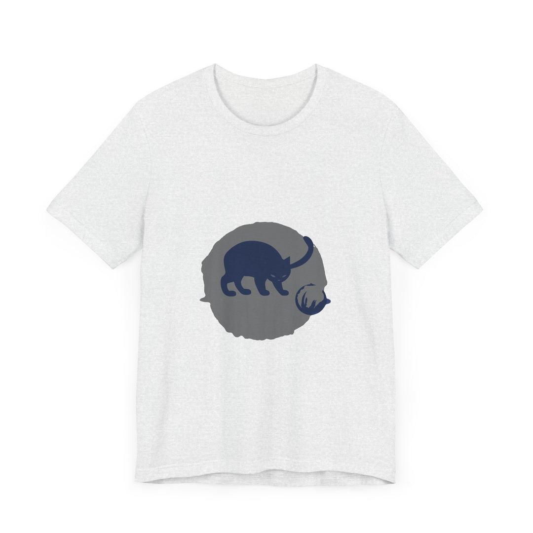 A black cat with glowing eyes and a mischievous smile, playfully posing in silhouette on a mystery-themed t-shirt