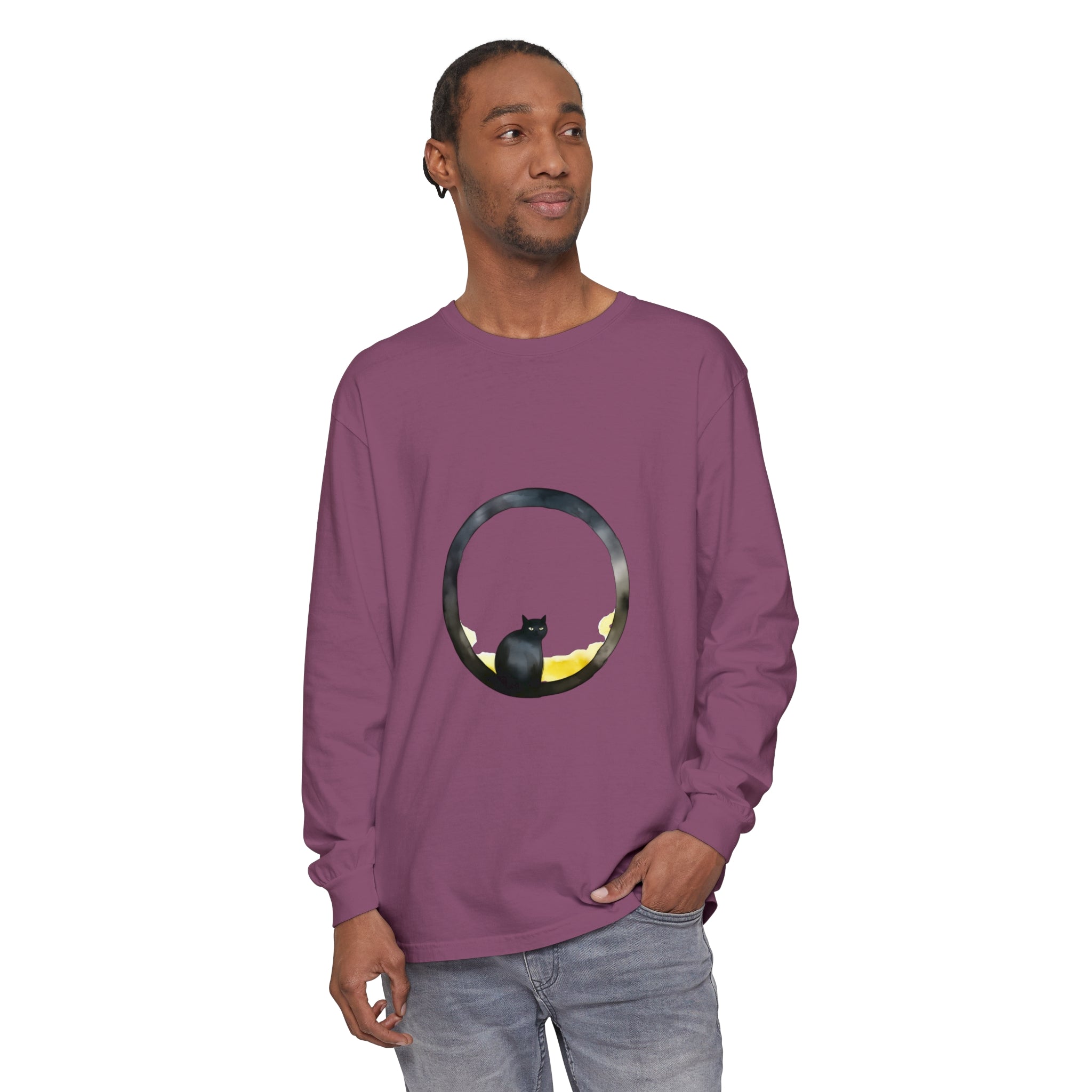 Black Cat Moon Glow Long Sleeve T-Shirt, a cozy and stylish graphic tee featuring a black cat under the moonlight, perfect for casual wear