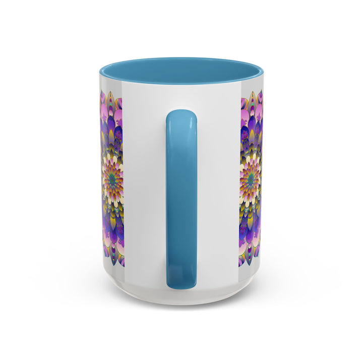 Vibrant and intricate mandala art design in an array of colors against a grey background on a ceramic mug