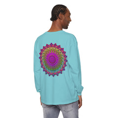 Vibrant Mandala Unisex Long Sleeve T-Shirt Styled with Layered Necklaces and Scarves