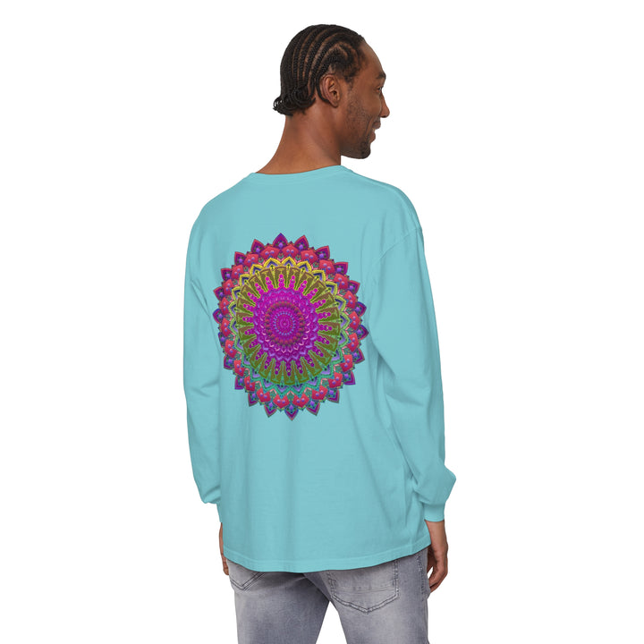 Vibrant Mandala Unisex Long Sleeve T-Shirt Styled with Layered Necklaces and Scarves