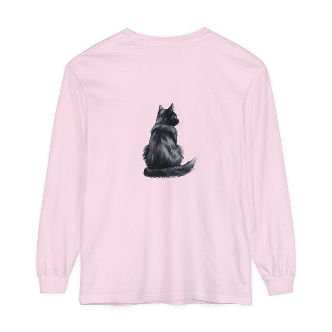 Black Cat Watercolor Long Sleeve T-Shirt with vibrant watercolor print design