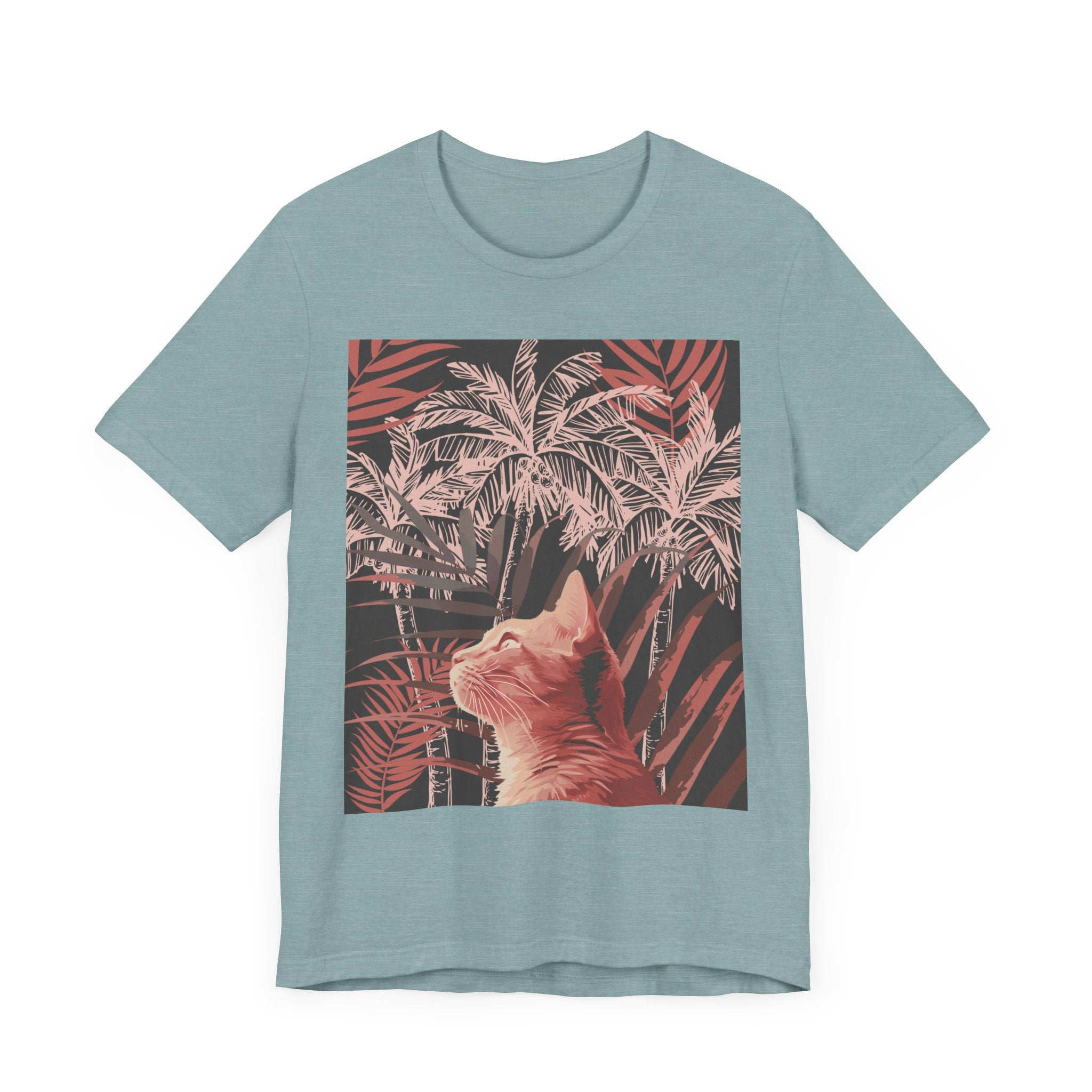 A colorful and playful t-shirt featuring a ginger cat lounging under a vibrant palm tree