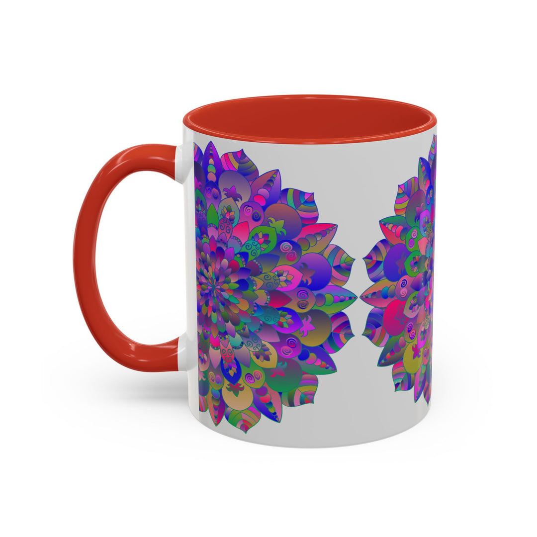 A vibrant and colorful ceramic mug featuring a mesmerizing psychedelic mandala design, perfect for spiritual and art enthusiasts