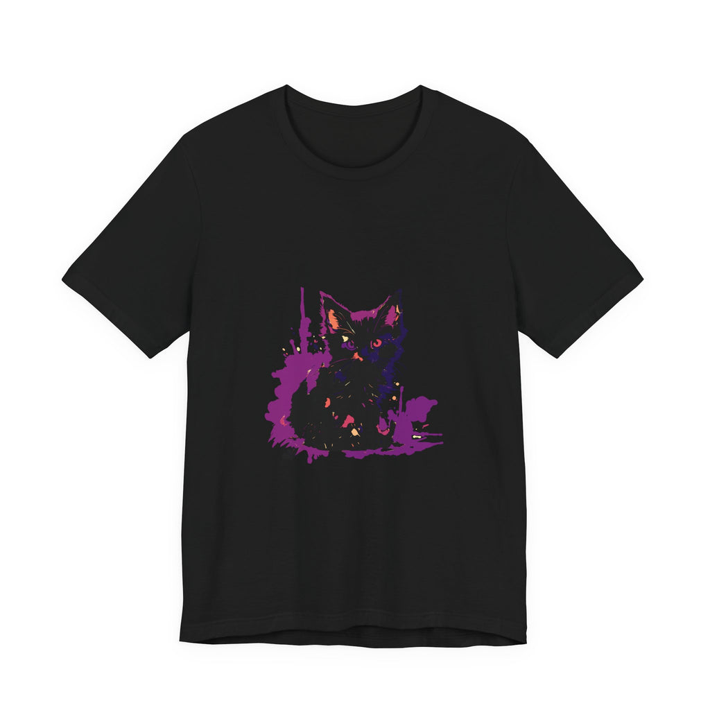 Schwarzes Katzenrätsel – Lila Farbspritzer-T-Shirt