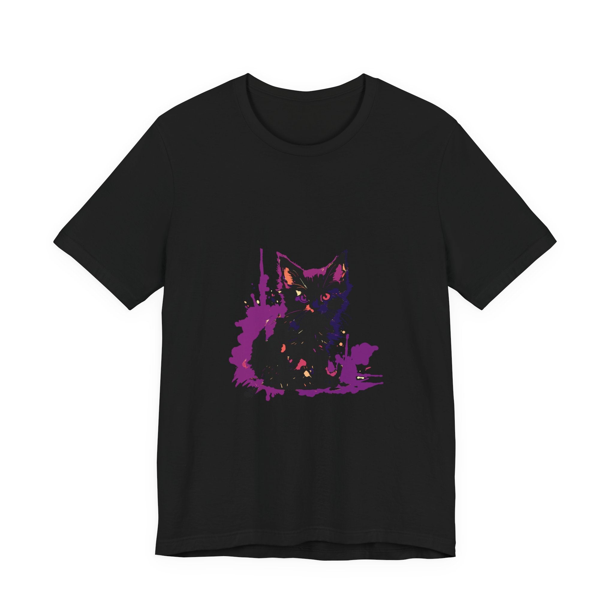 Schwarzes Katzenrätsel – Lila Farbspritzer-T-Shirt