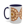 A ceramic mug with a mandala art design in black on a light grey background, perfect for sipping your favorite hot beverage