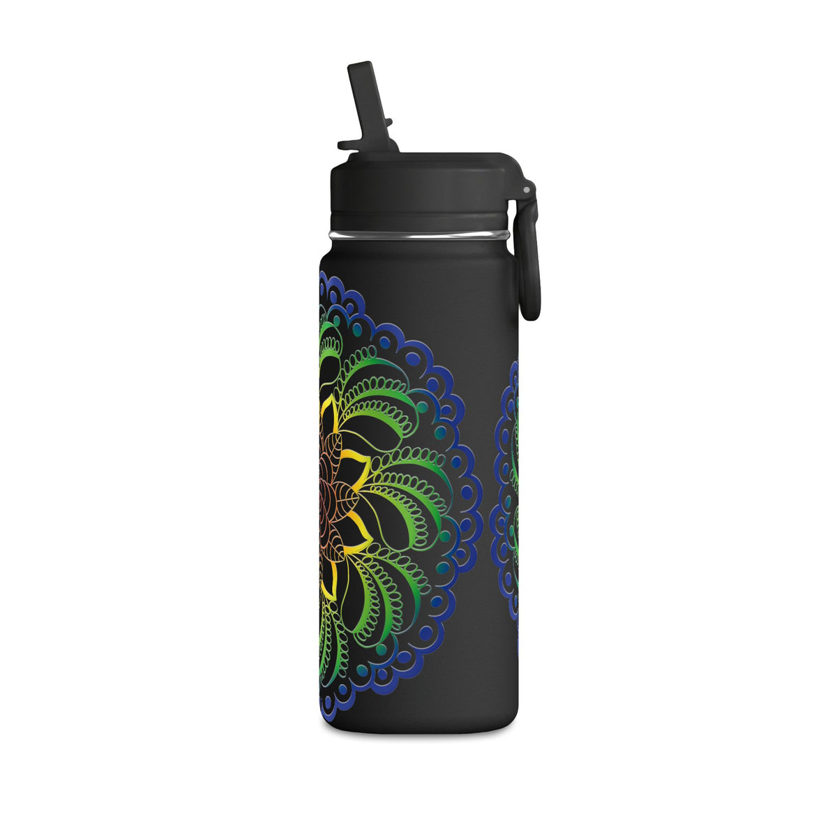 20oz Floral Mandala Water Bottle — Rainbow Lotus Reusable Straw Bottle