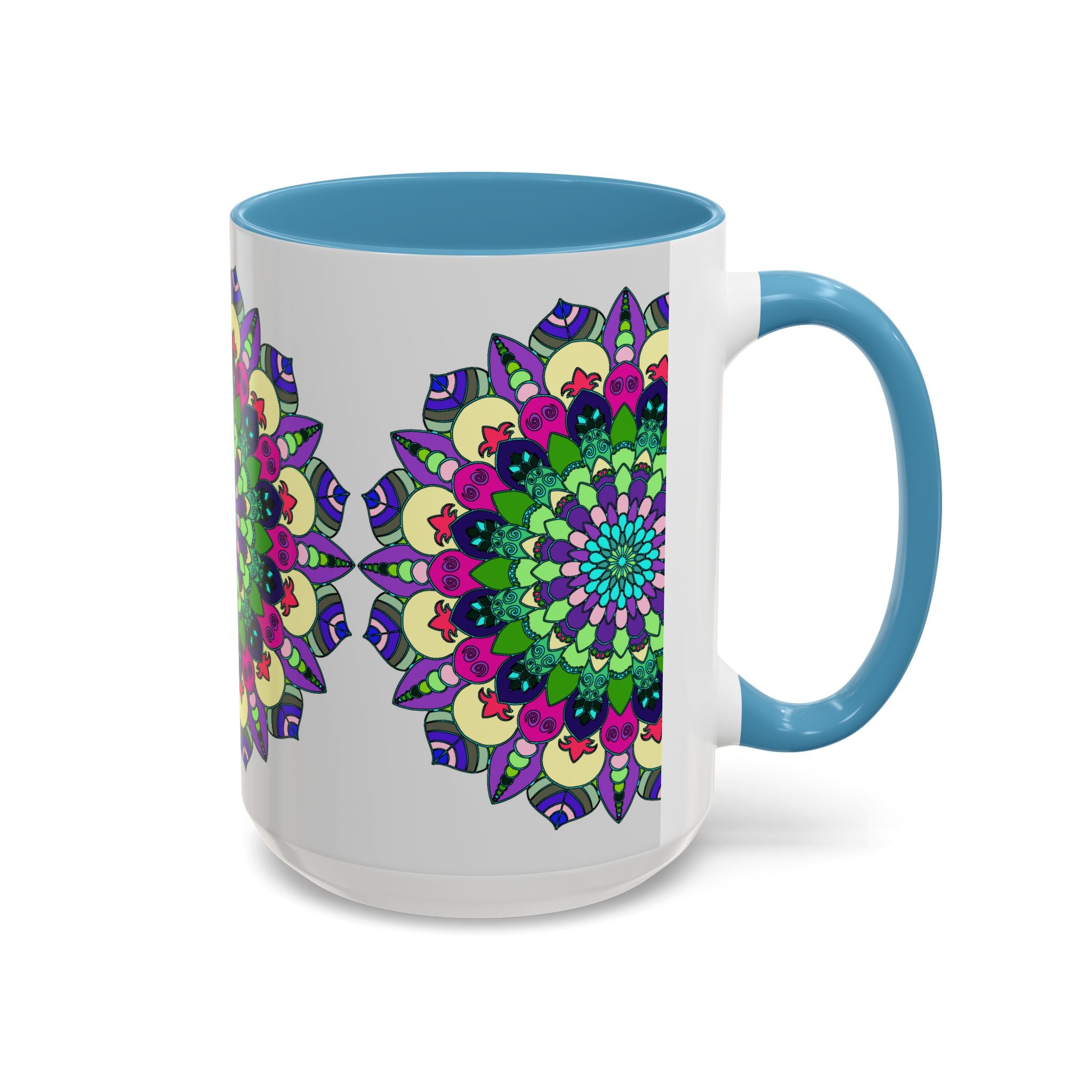 Colorful and spiritual mandala art mug with intricate designs and vibrant hues