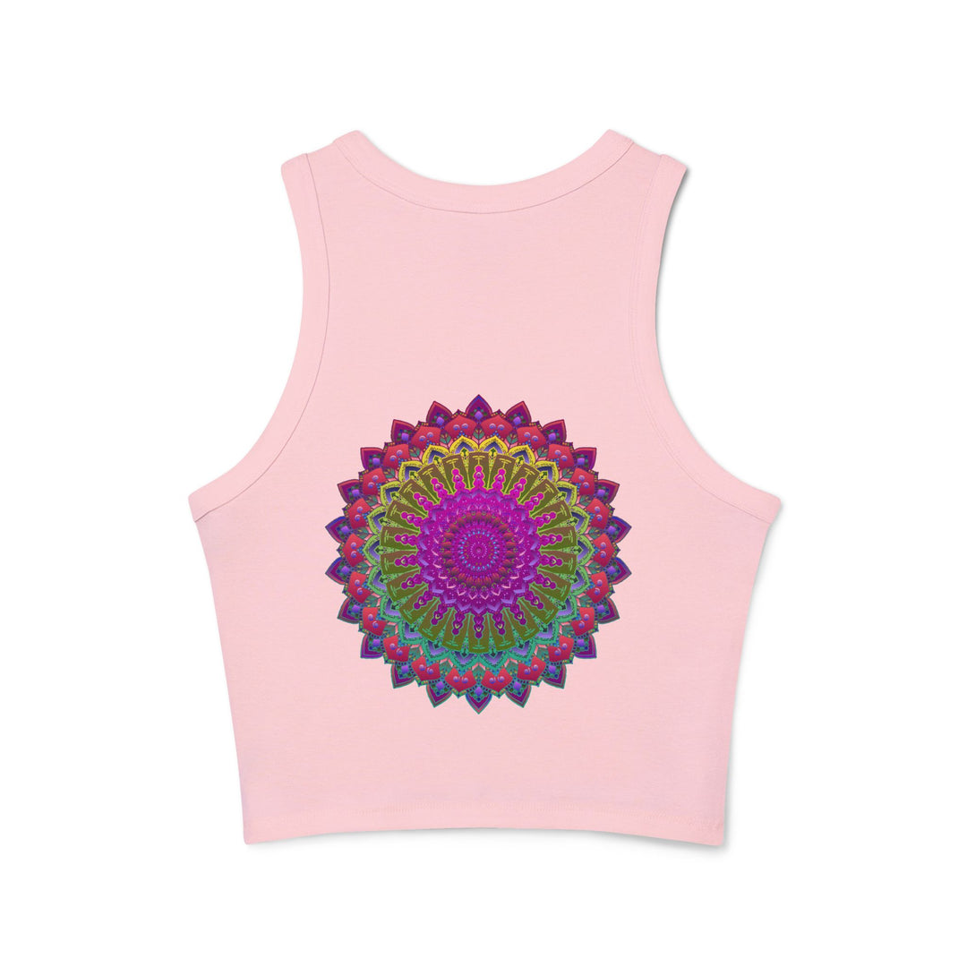 A close-up image of a vibrant mandala racerback tank top, featuring intricate and colorful patterns, perfect for yoga and meditation