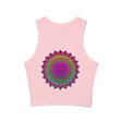 A close-up image of a vibrant mandala racerback tank top, featuring intricate and colorful patterns, perfect for yoga and meditation