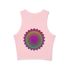 A close-up image of a vibrant mandala racerback tank top, featuring intricate and colorful patterns, perfect for yoga and meditation
