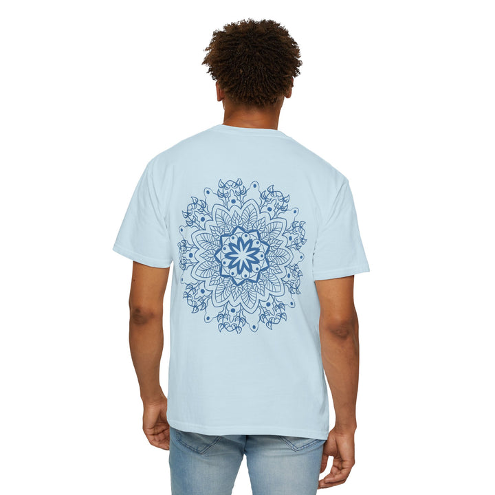 A vibrant and intricate handmade mandala art T-shirt on a unisex garment-dyed tee