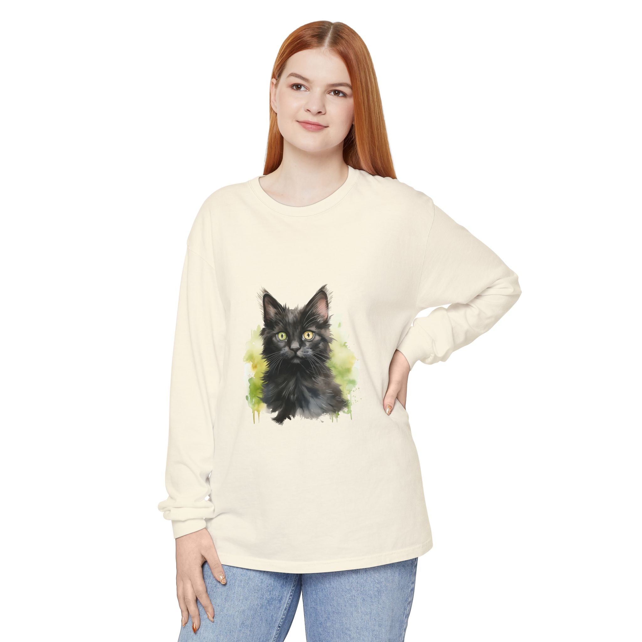 Maglietta a maniche lunghe con motivo acquerello gattino nero