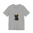Black Cat Mystery - One Blue Eye T-Shirt featuring a playful black cat with one bright blue eye, perfect for cat lovers and mystery enthusiasts