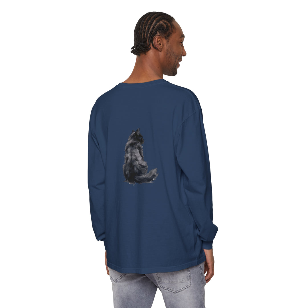 A stylish unisex long sleeve t-shirt featuring a striking black cat silhouette design