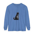 Black Cat Mystery unisex long sleeve tee with graphic of black cat and moon