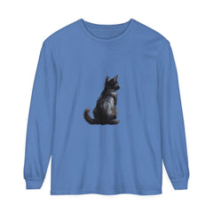 Black Cat Mystery unisex long sleeve tee with graphic of black cat and moon