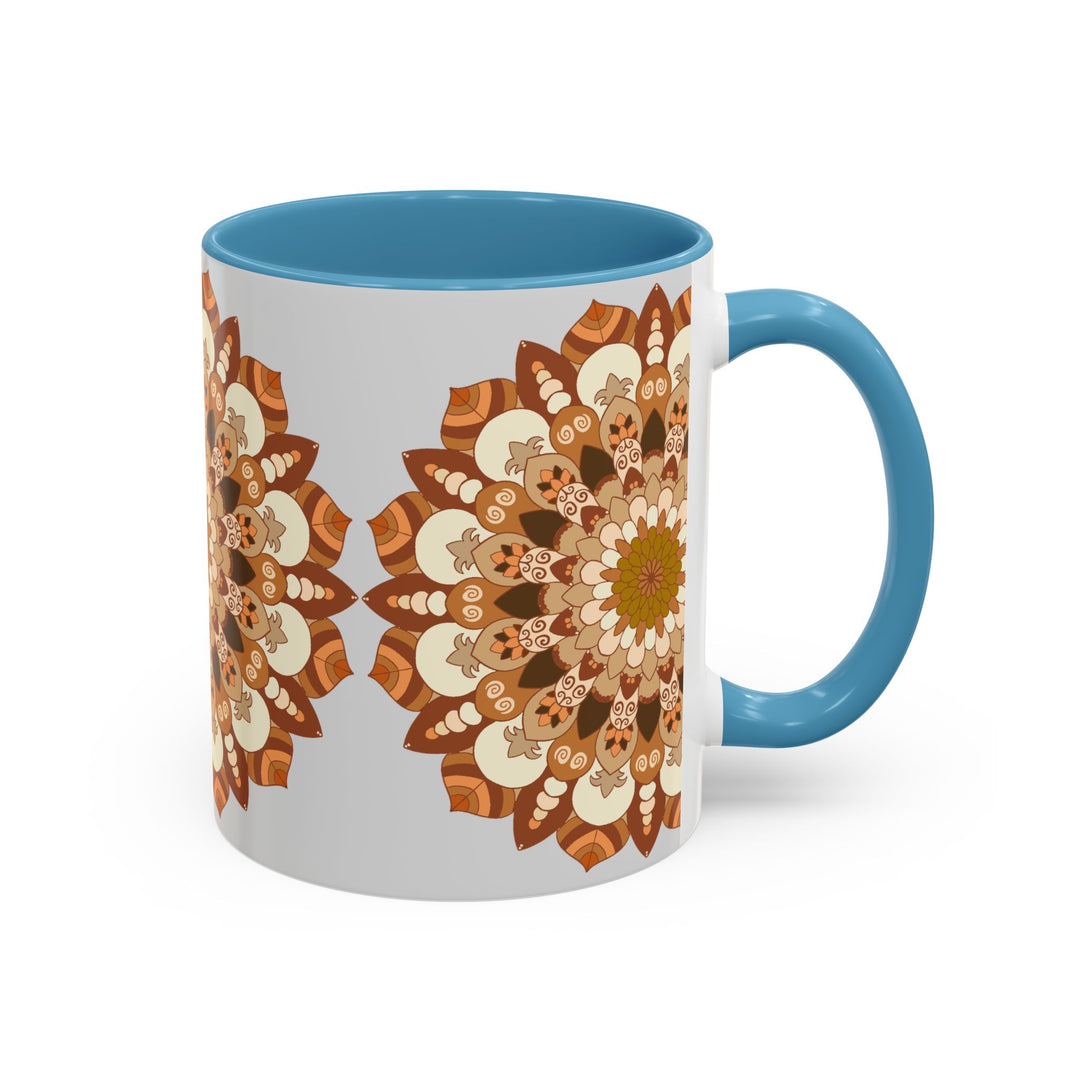 A beautiful mandala art mug with intricate designs on a light grey background