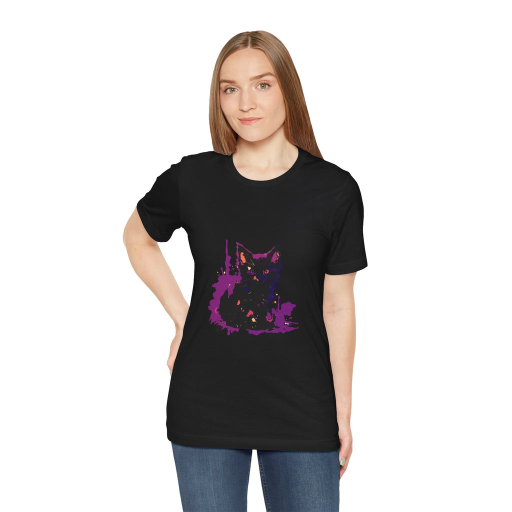 Schwarzes Katzenrätsel – Lila Farbspritzer-T-Shirt