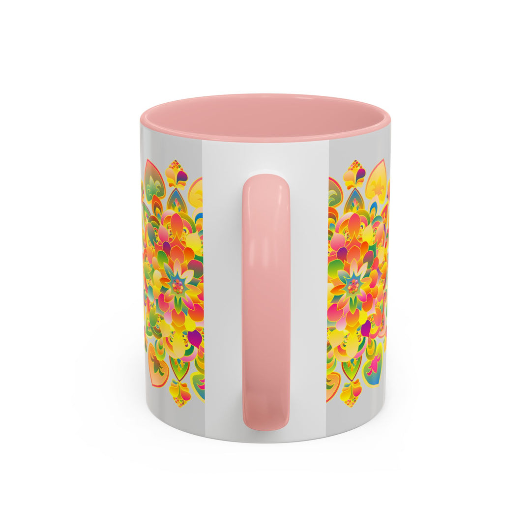 Beautiful ceramic mug featuring a vibrant mandala design with colorful floral motifs