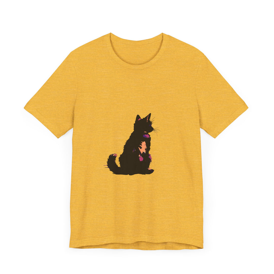 Black Cat Mystery Abstract T-Shirt with vibrant colors and unique design, perfect for feline lovers and fans of mysterious elements