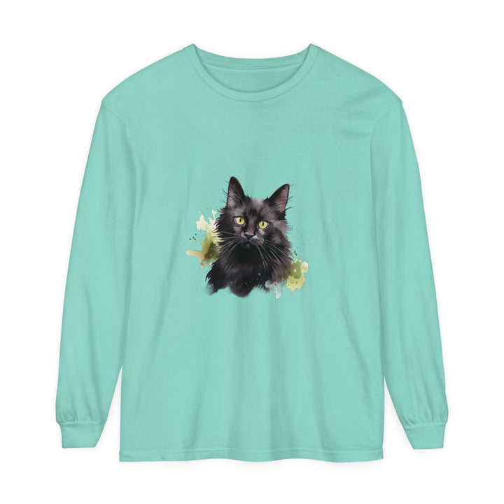 Black Cat Watercolor Splash Long Sleeve T-Shirt, a vibrant and stylish design