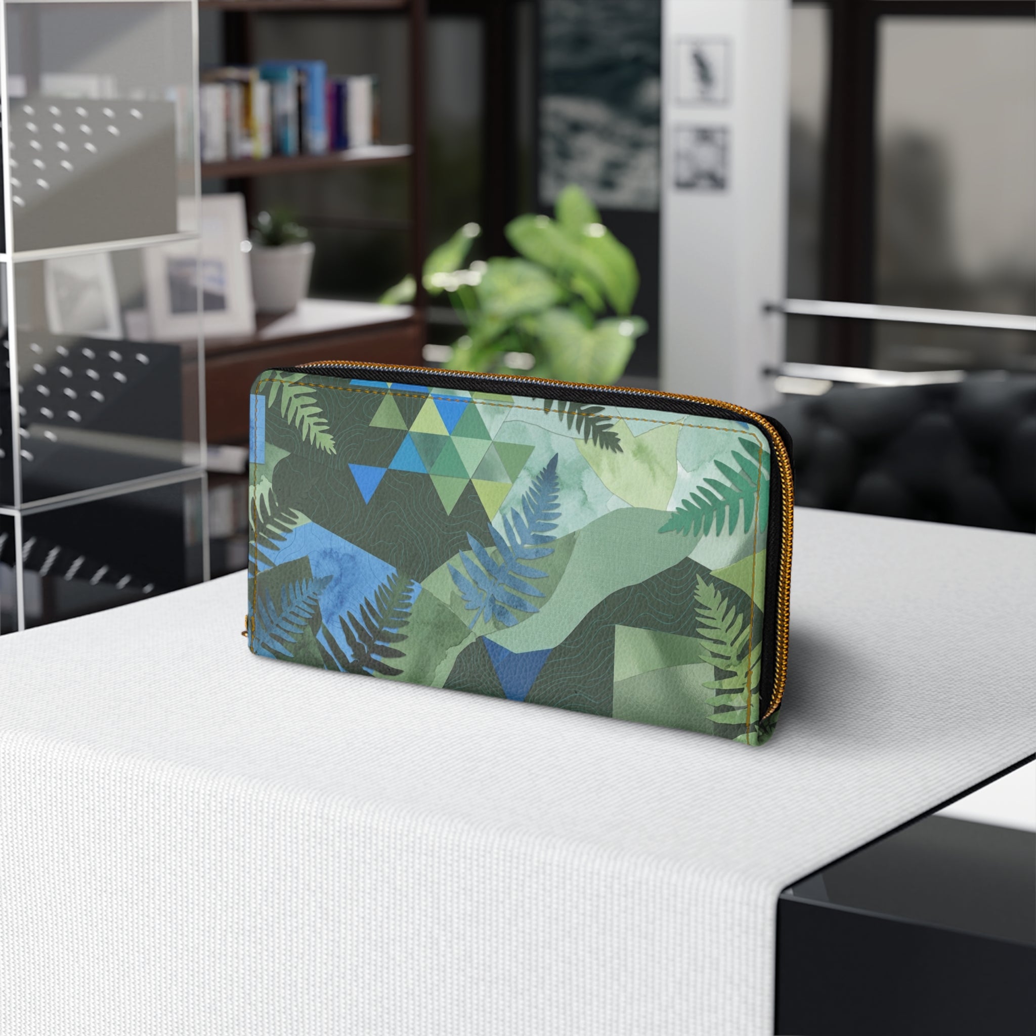 Tropical Fern Zip Wallet — Green Geometric Leaf Pattern Zipper Wallet