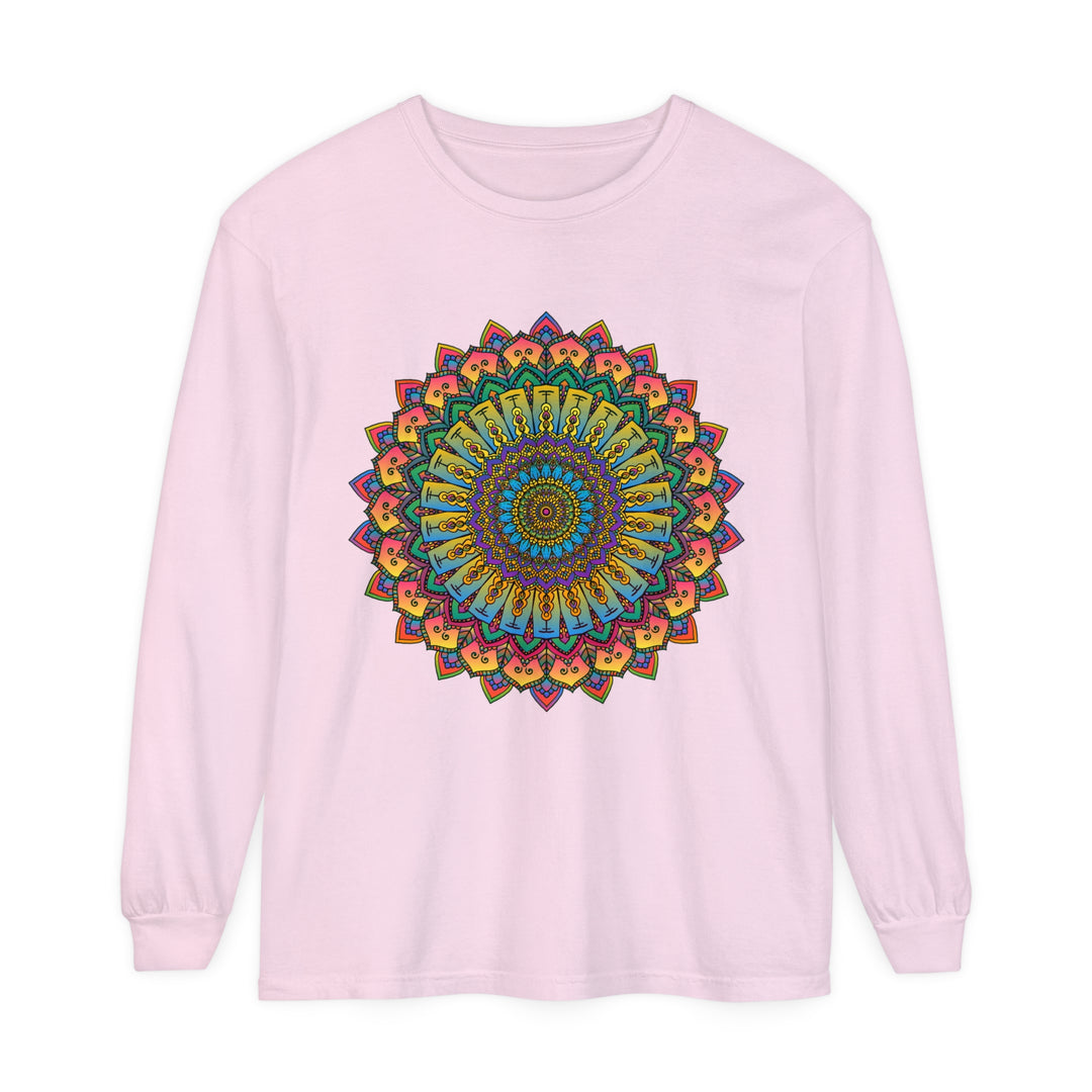 Intricate Mandala Unisex Long Sleeve T-Shirt, featuring a detailed and colorful mandala design on a comfortable long-sleeve shirt