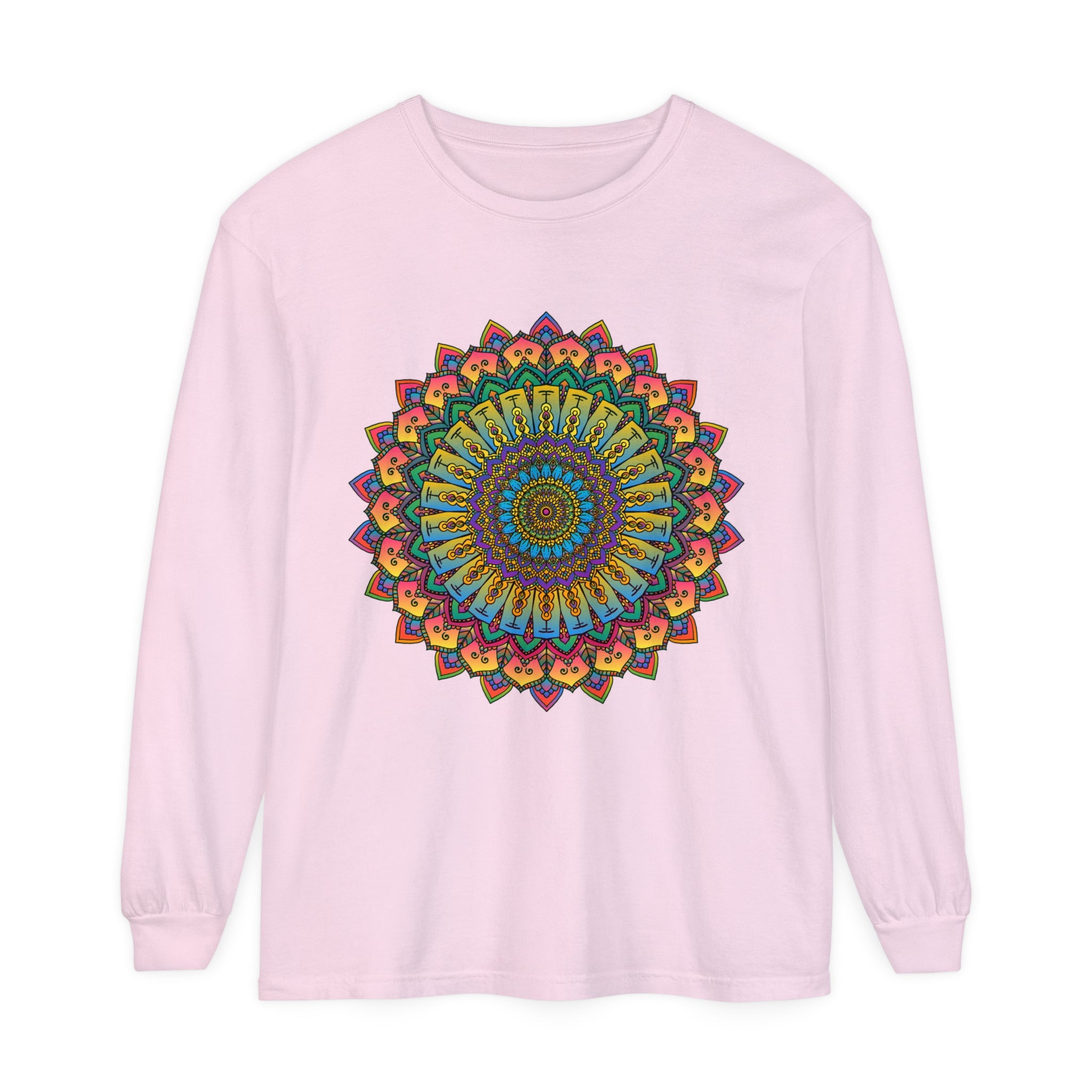 Intricate Mandala Unisex Long Sleeve T-Shirt, featuring a detailed and colorful mandala design on a comfortable long-sleeve shirt